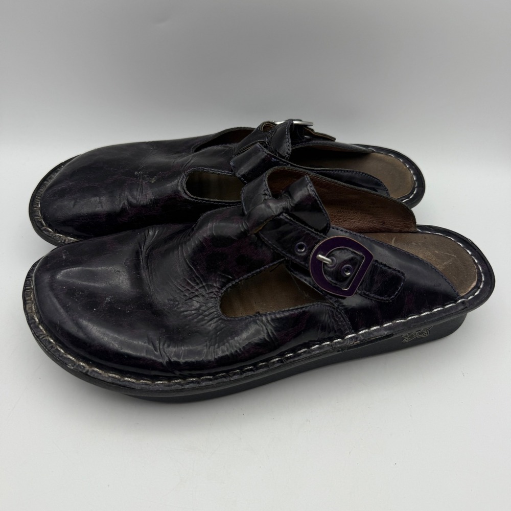 Alegria ALG-410 Mules Women 39 US 9 Purple Leopard Leather Buckle T-Strap Clogs